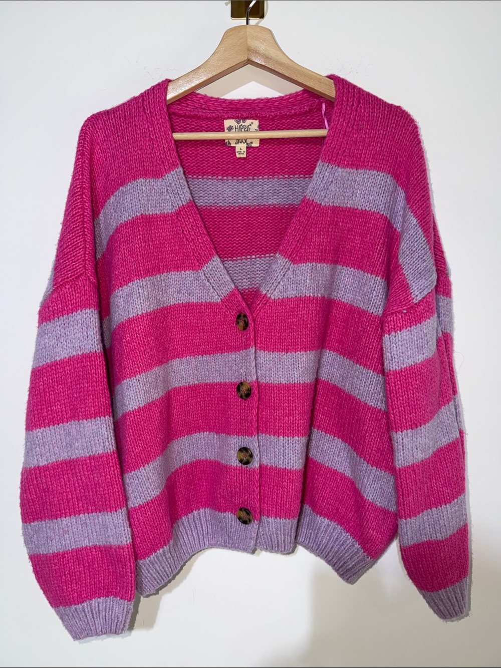 Hippe Rose  Hot Pink & Lilac Striped Button-Up Sweater Cardigan size large
